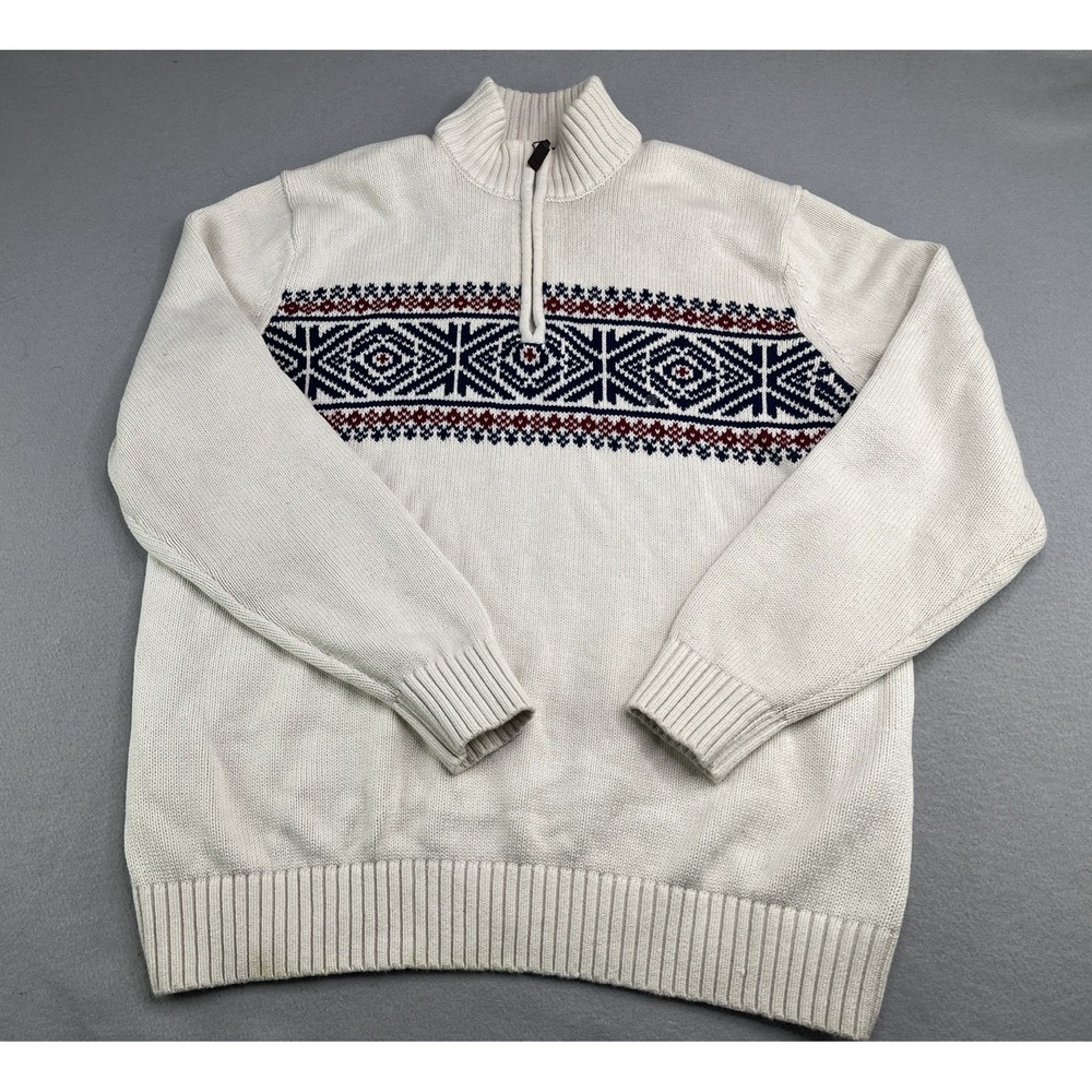 IZOD Mens Fair Isle Sweater White 1/4 Zip Long Sleeve Knit Holiday Skiing Large